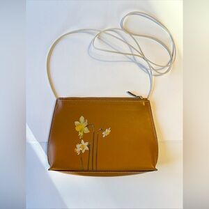 Leather Purse Eric Laville Brown with Daffodil Flowers Zip Closure - France